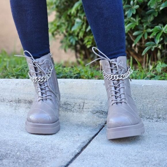 Womens Chunky Block Heel Ankle Combat Boots Taupe Color - Picture 1 of 6
